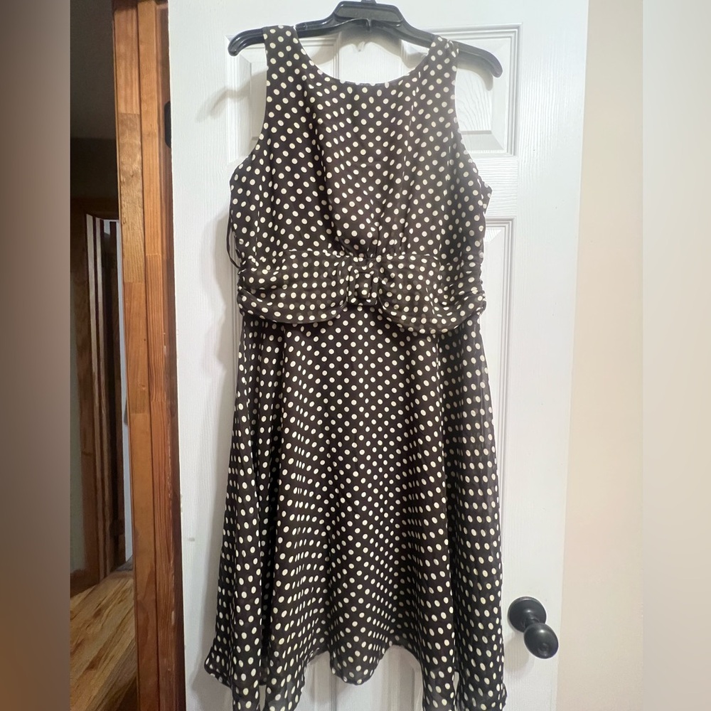 A brown polkadot dress in a size 14.